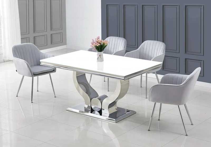 Salle à manger complète verre blanc argent – Omega