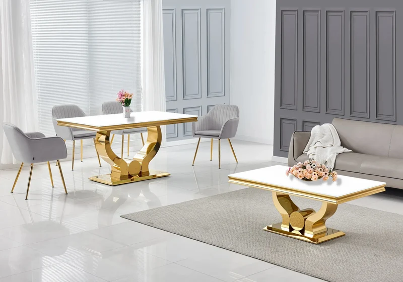 Salle à manger complète verre blanc doré – Omega