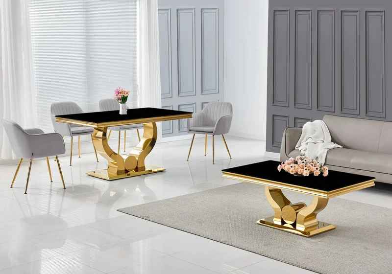 Salle à manger complète verre noir doré – Omega