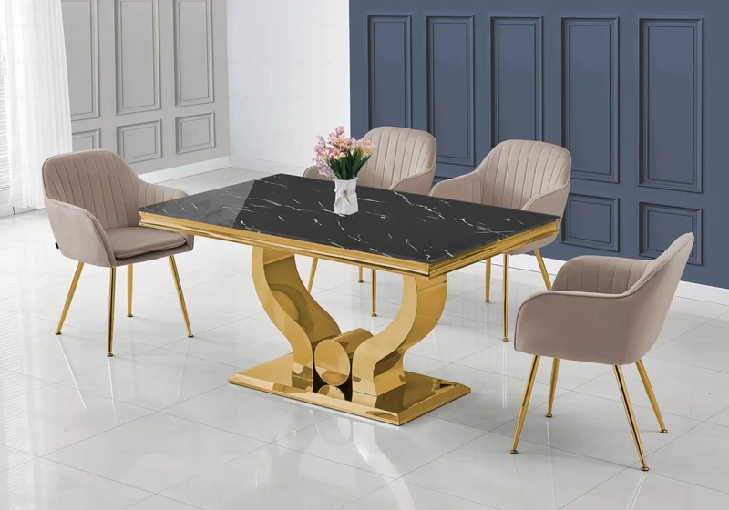 Salle à manger complète marbre noir doré – Omega