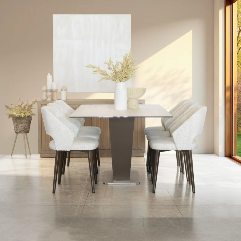 Table de salle à manger rectangulaire en porcelaine italienne crème et métal bronze - Amélia