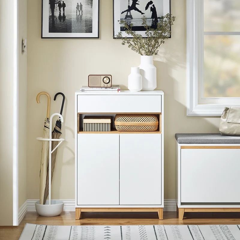 SoBuy FSB97-WN Buffet Bas Blanc et Bambou – 1 Tiroir, 2 Portes, Étagères Réglables, 60×34×85 cm