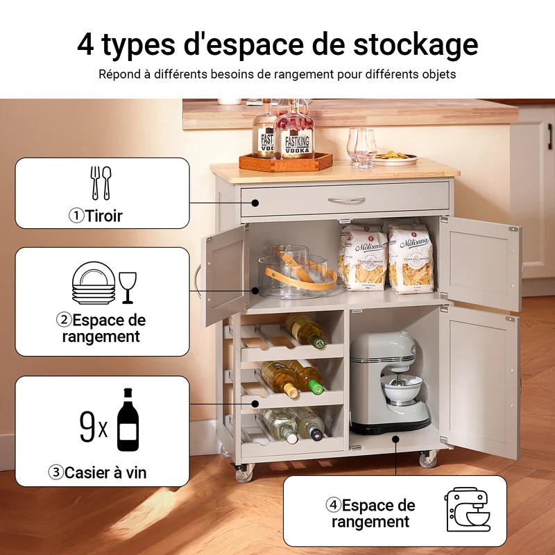 SoBuy FKW45-KA Desserte Cuisine sur Roulettes – Plan Hévéa, Casier à Vin, 1 Tiroir, 1 Placard – 67×38×86 cm, Marron Clair