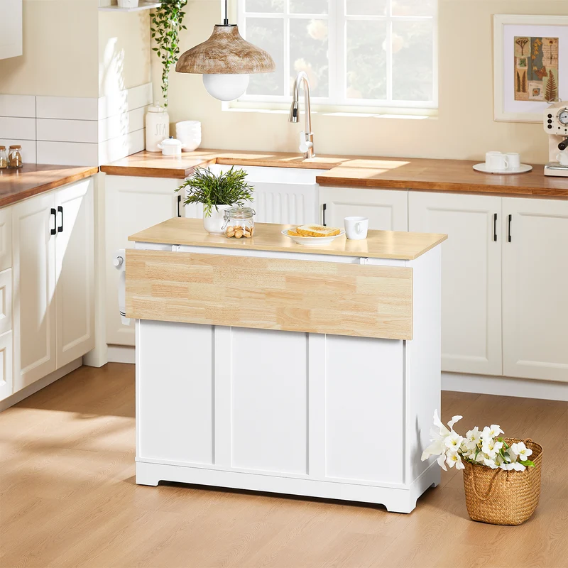 SoBuy FKW129-WN îlot Central de Cuisine sur Roulettes – Plan Extensible 44→69 cm, 2 Tiroirs, 2 Portes, Étagères Réglables – 113×91 cm, Blanc
