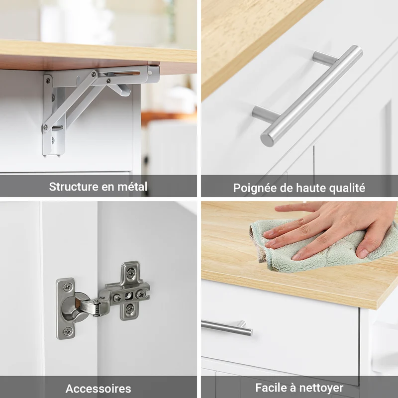 SoBuy FKW129-WN îlot Central de Cuisine sur Roulettes – Plan Extensible 44→69 cm, 2 Tiroirs, 2 Portes, Étagères Réglables – 113×91 cm, Blanc