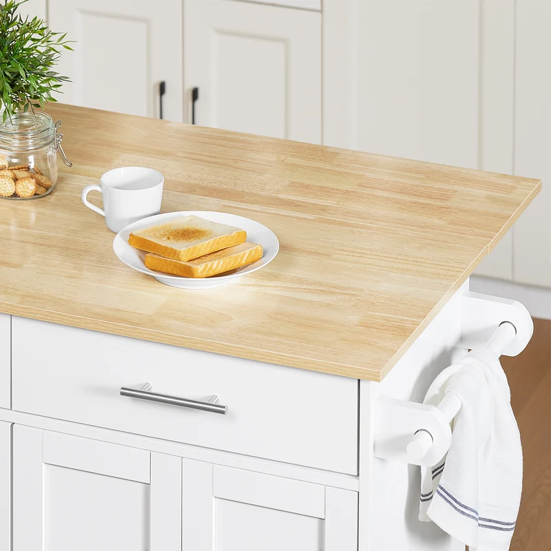 SoBuy FKW129-WN îlot Central de Cuisine sur Roulettes – Plan Extensible 44→69 cm, 2 Tiroirs, 2 Portes, Étagères Réglables – 113×91 cm, Blanc