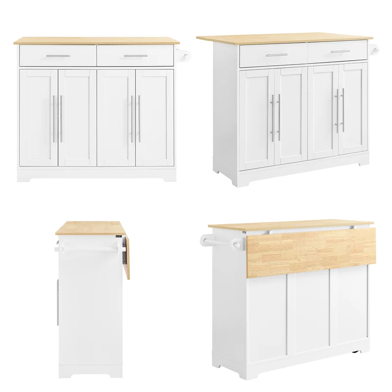 SoBuy FKW129-WN îlot Central de Cuisine sur Roulettes – Plan Extensible 44→69 cm, 2 Tiroirs, 2 Portes, Étagères Réglables – 113×91 cm, Blanc