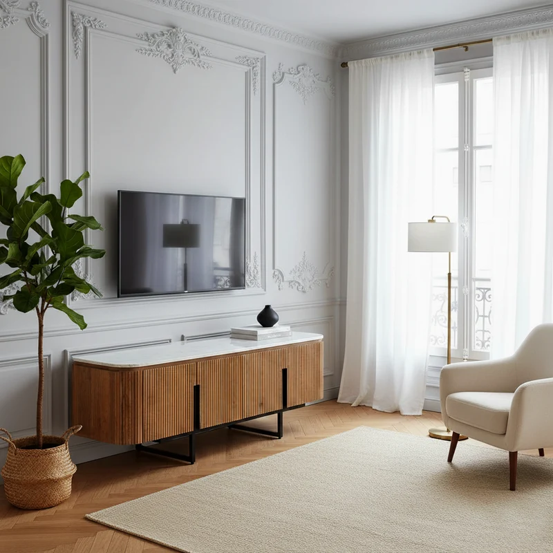 Meuble TV bas 4 portes plateau marbre blanc | Manguier Kfir II
