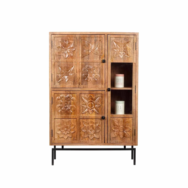 Buffet haut 3 portes en bois massif manguier - Sculture