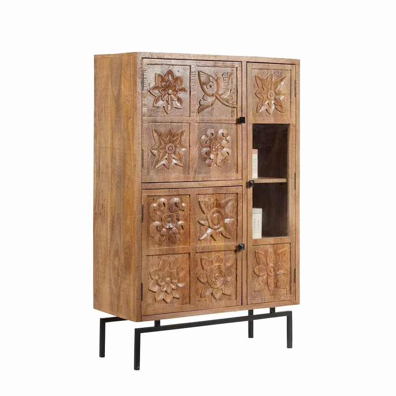 Buffet haut 3 portes en bois massif manguier - Sculture