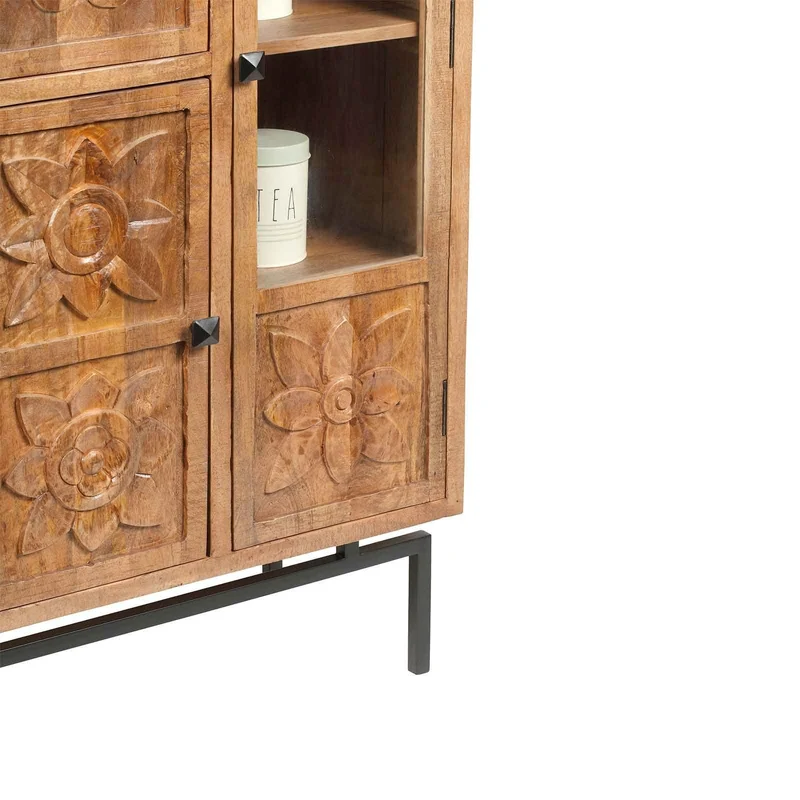Buffet haut 3 portes en bois massif manguier - Sculture