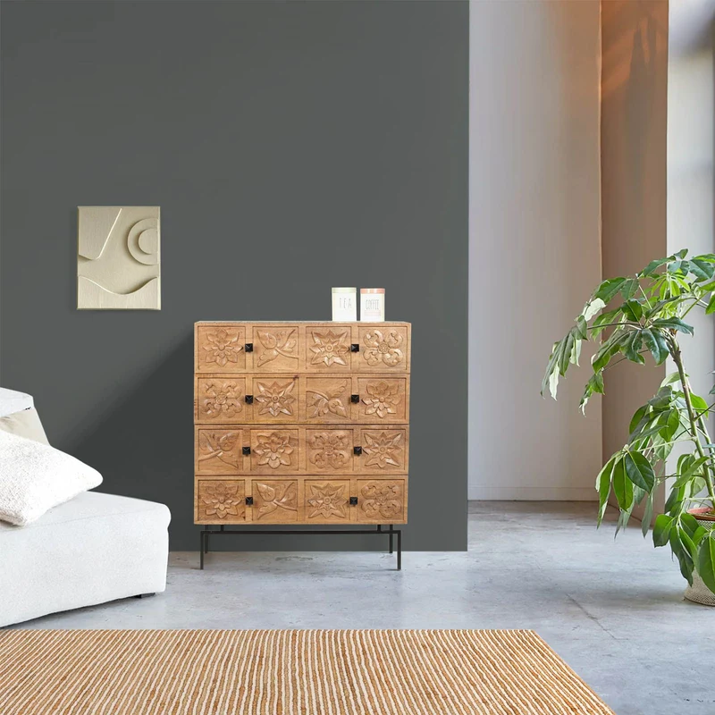 Commode sculptée 4 tiroirs en bois manguier massif - Sculture
