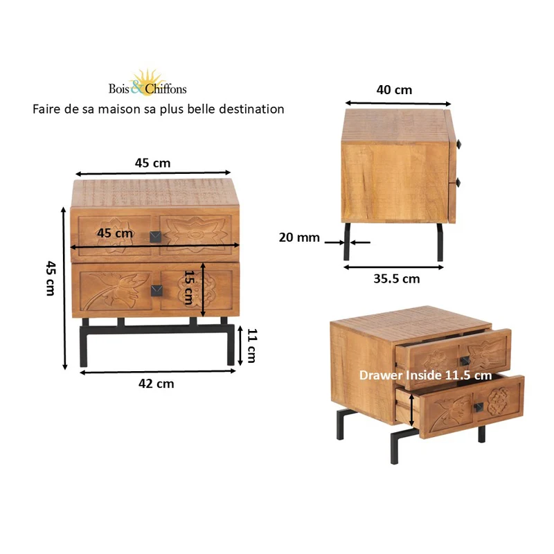 Table de chevet 2 tiroirs | Manguier Sculture