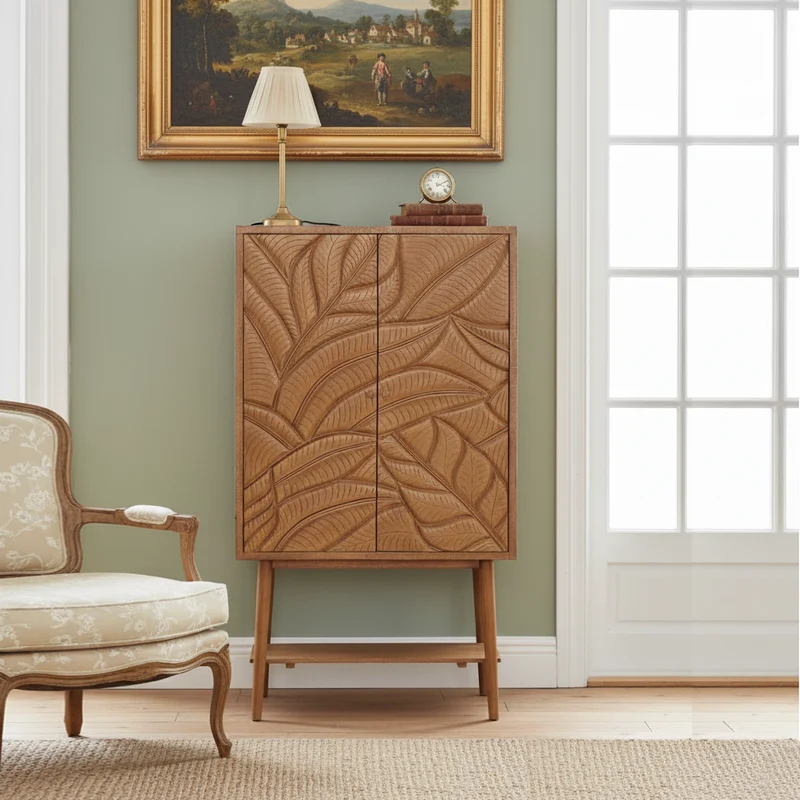Buffet haut sculpté 2 portes en bois massif manguier - Floria
