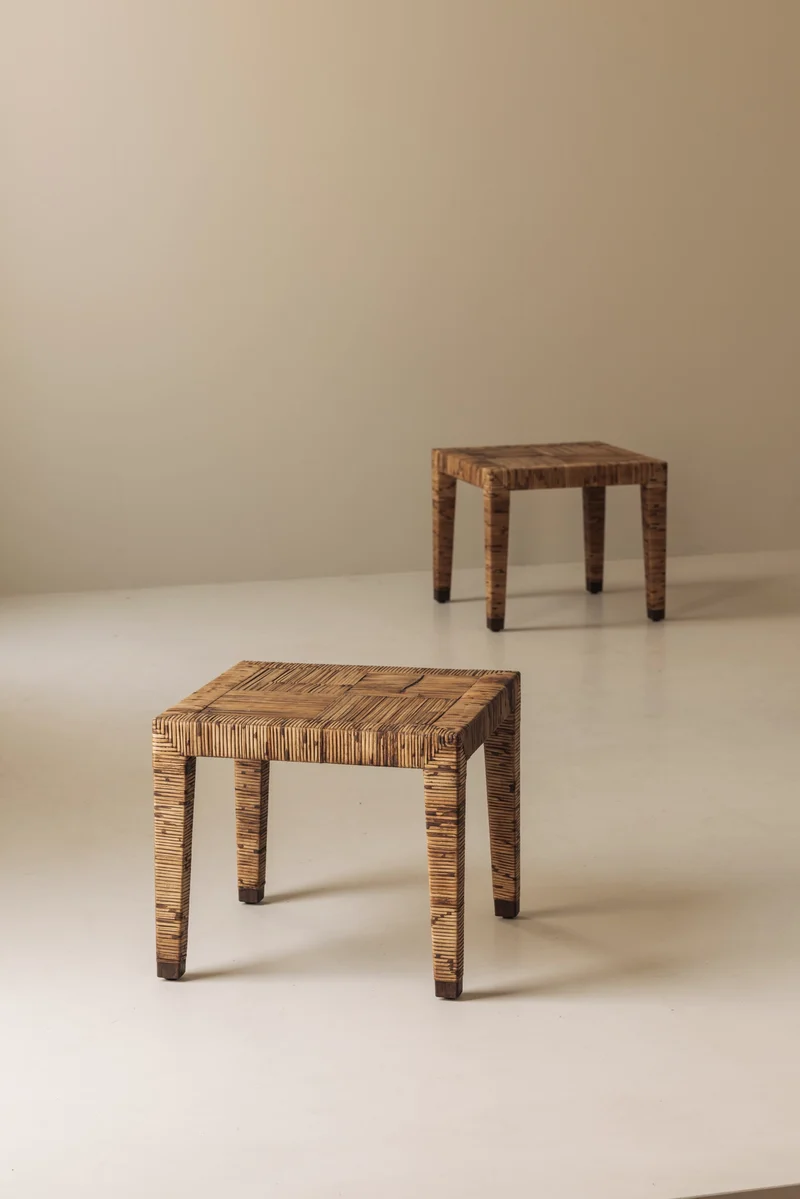 Exceptional French Rattan Wrapped Side Tables, 1970s — Pair