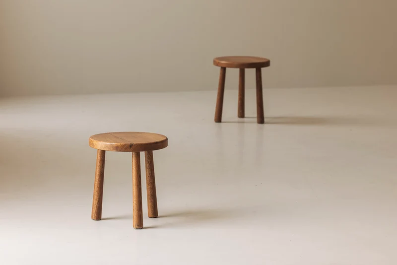 Sculptural Set of Two Solid Oak Stools, France, 1960s