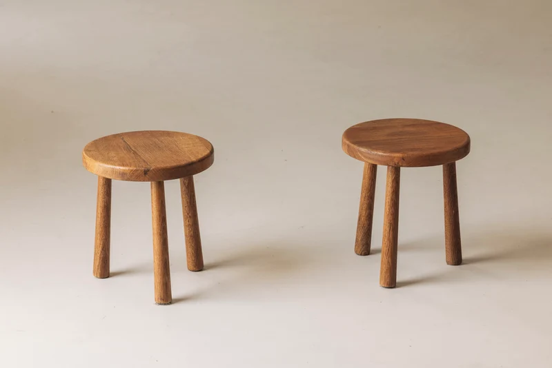 Sculptural Set of Two Solid Oak Stools, France, 1960s