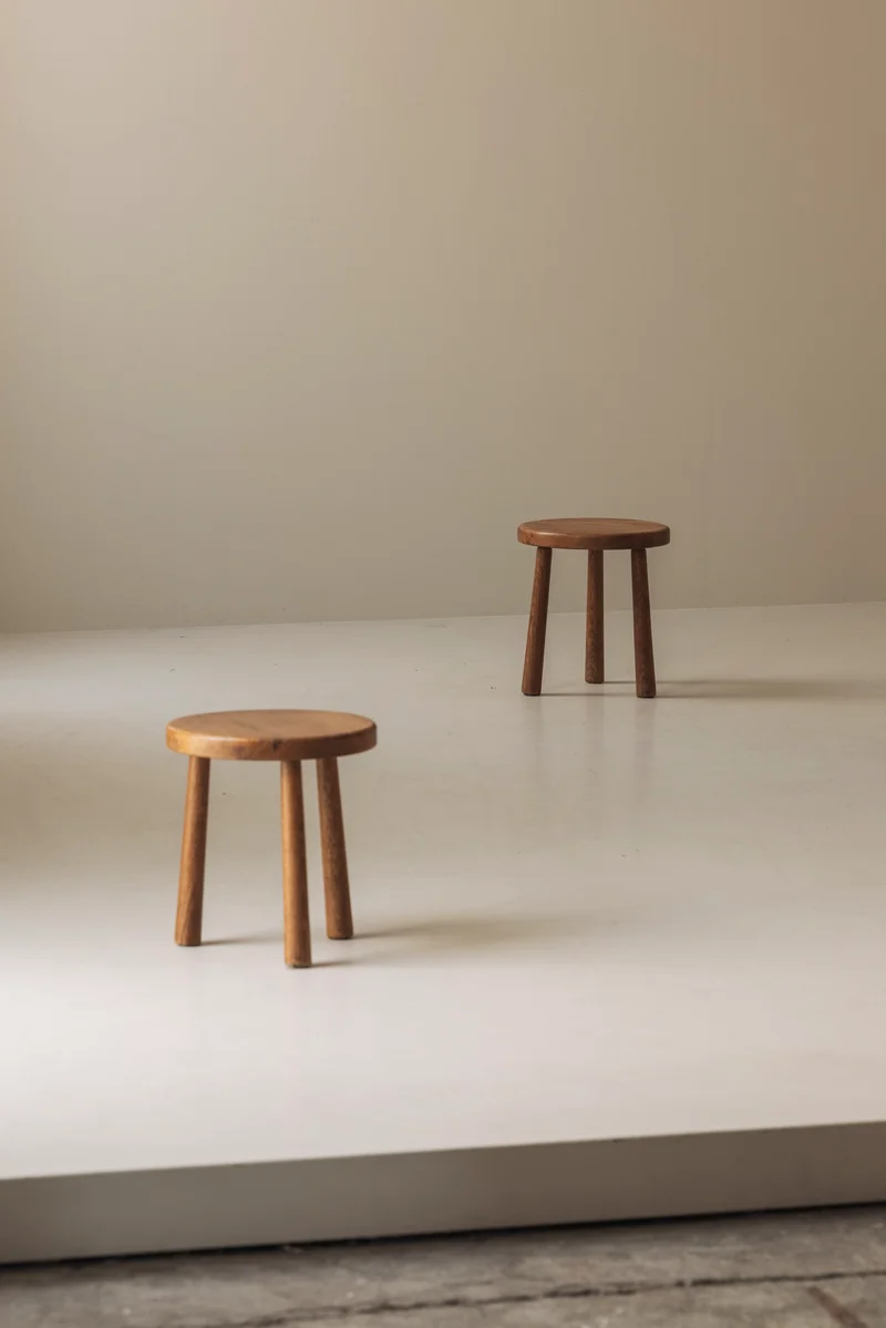 Sculptural Set of Two Solid Oak Stools, France, 1960s