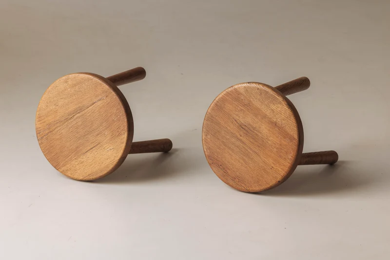 Sculptural Set of Two Solid Oak Stools, France, 1960s