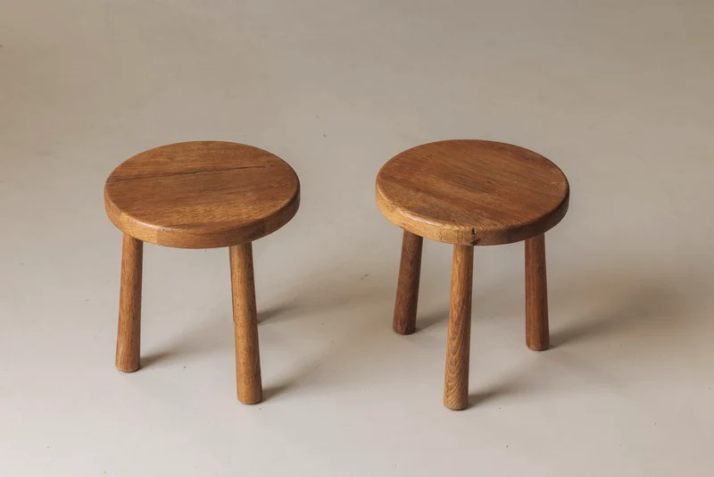 Sculptural Set of Two Solid Oak Stools, France, 1960s