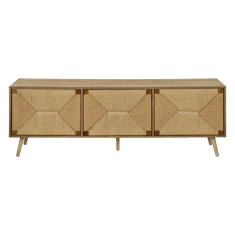 Meuble de télévision en bois/MDF noyer clair avec 3 portes en jonc de mer - I 2793