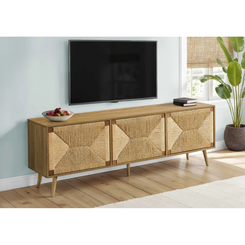 Meuble de télévision en bois/MDF noyer clair avec 3 portes en jonc de mer - I 2793