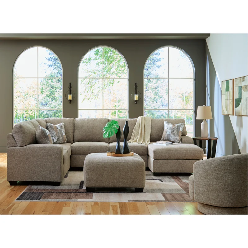 Sectionnel 3 pièces en tissu beige avec chaise longue et coussins - Newellen