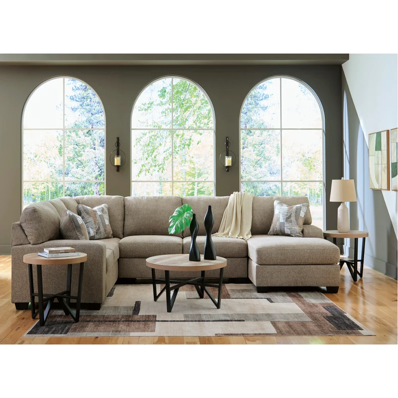 Sectionnel 3 pièces en tissu beige avec chaise longue et coussins - Newellen
