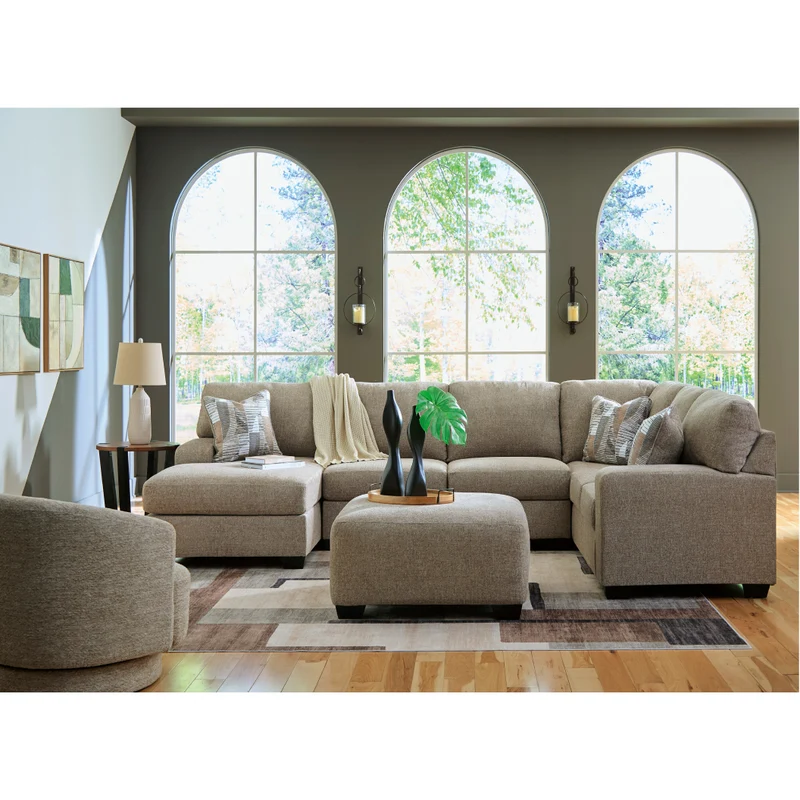 Sectionnel 3 pièces en tissu beige avec chaise longue et coussins - Newellen