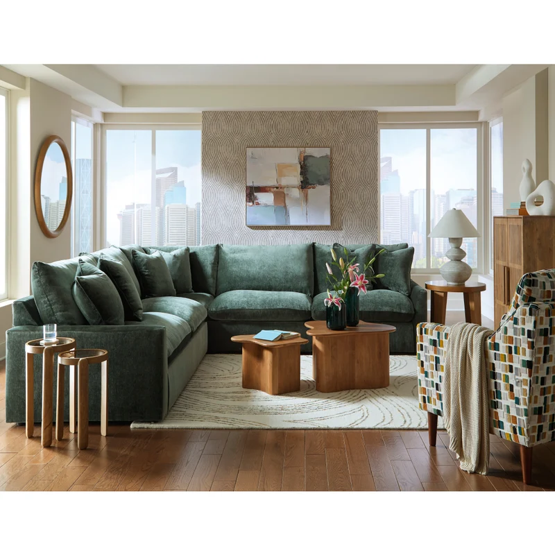 Sectionnel 3 pièces en tissu vert jade avec coussins - Carriage View