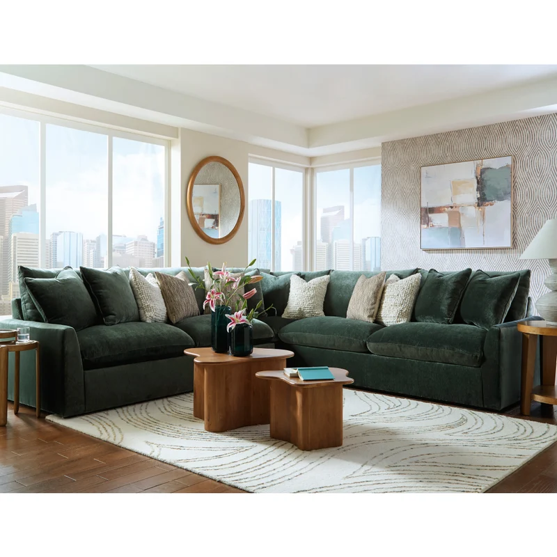 Sectionnel 3 pièces en tissu vert jade avec coussins - Carriage View