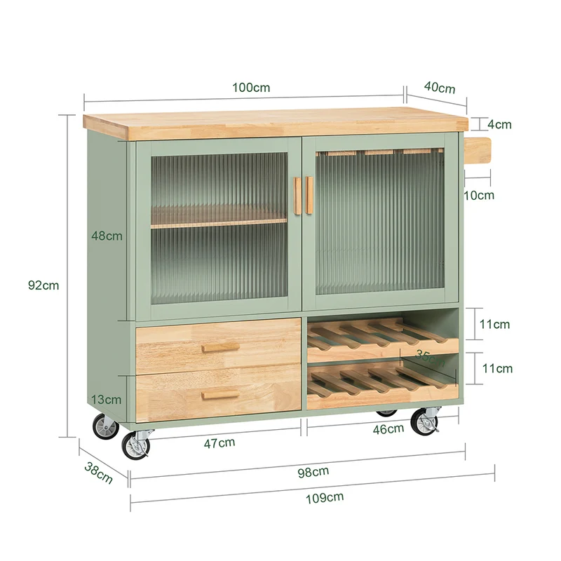 SoBuy FKW114-GR Ìlot Central Cuisine Mobile Vert Sauge – Bar à Vins, Plan Bois Massif, Rangement