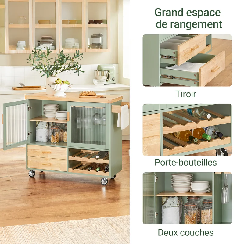 SoBuy FKW114-GR Ìlot Central Cuisine Mobile Vert Sauge – Bar à Vins, Plan Bois Massif, Rangement