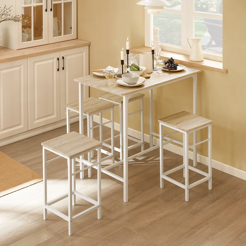 SoBuy OGT11-WN Table Haute avec 4 Tabourets – Mange-Debout Industriel 100×60 cm, Blanc/Naturel