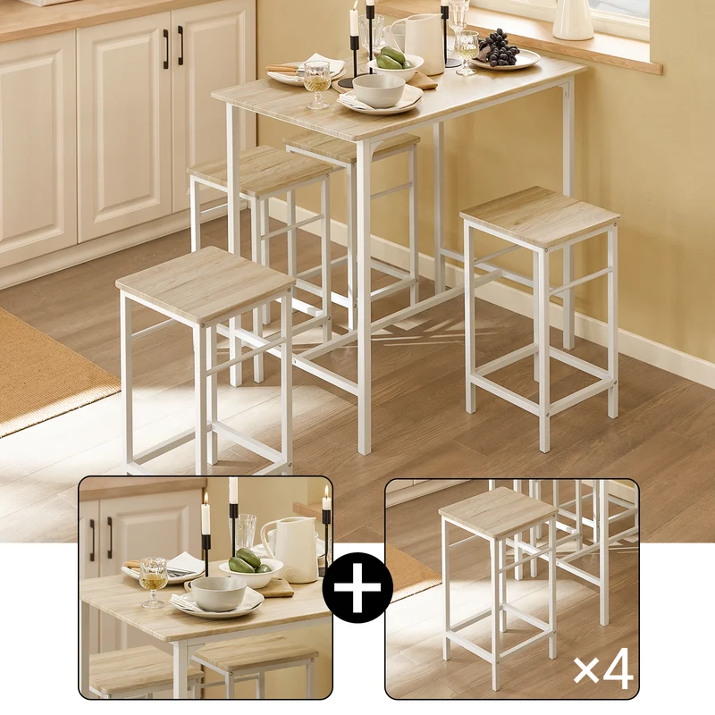 SoBuy OGT11-WN Table Haute avec 4 Tabourets – Mange-Debout Industriel 100×60 cm, Blanc/Naturel