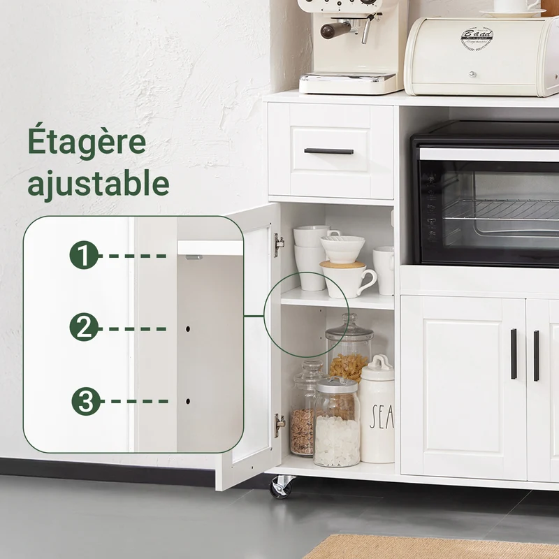 SoBuy FSB78-W Desserte de Cuisine à Roulettes – 3 Portes dont 1 en Verre, Tiroir et Gestion des Câbles, Blanc