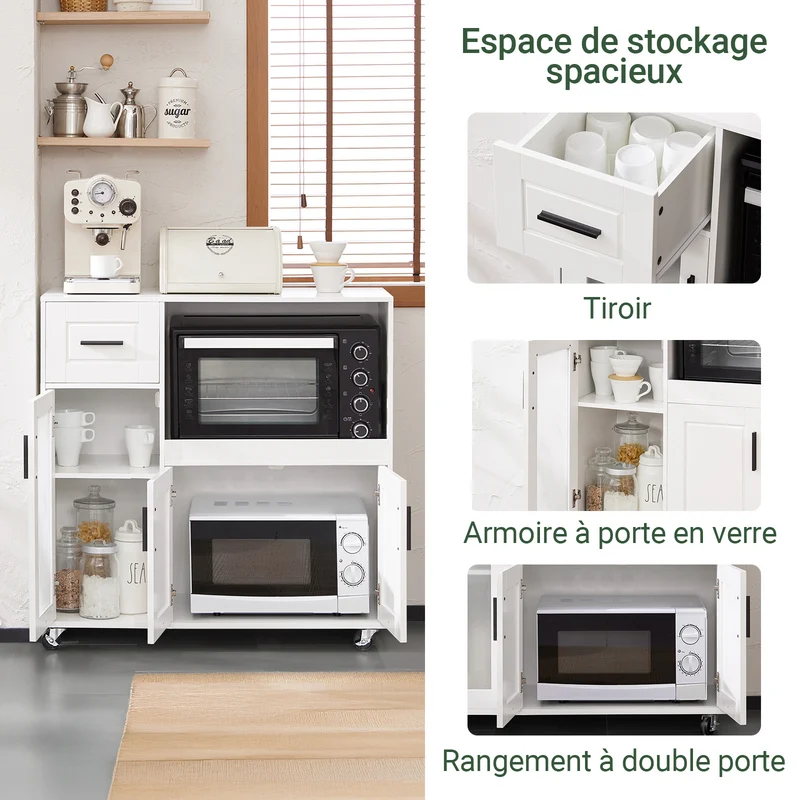 SoBuy FSB78-W Desserte de Cuisine à Roulettes – 3 Portes dont 1 en Verre, Tiroir et Gestion des Câbles, Blanc