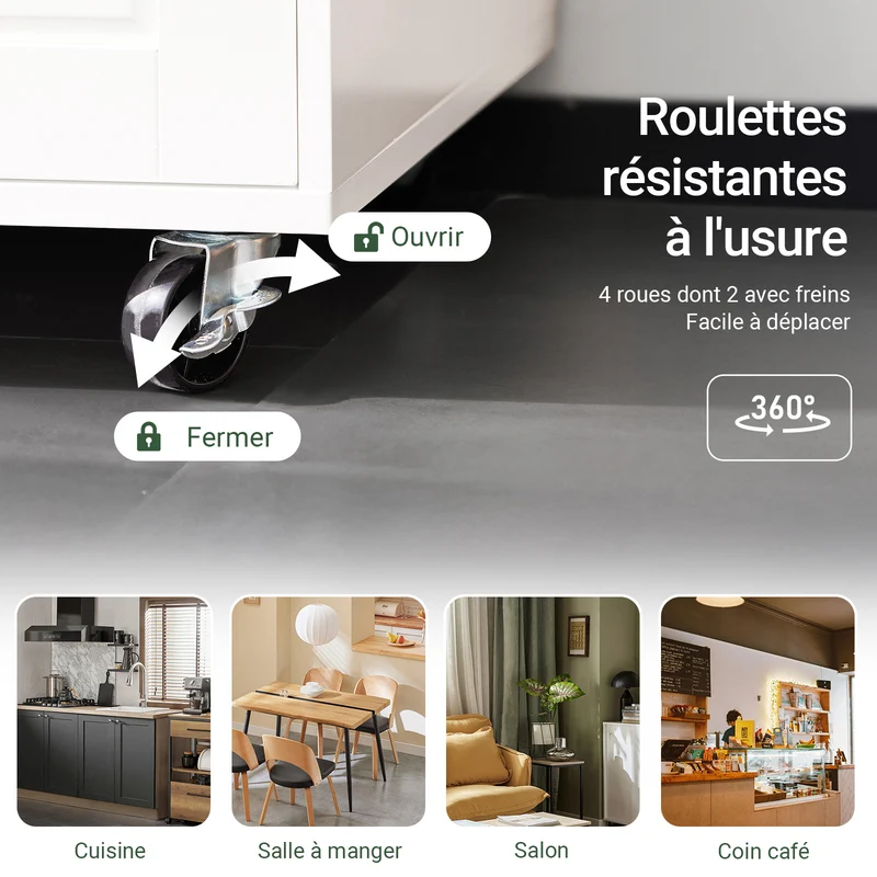 SoBuy FSB78-W Desserte de Cuisine à Roulettes – 3 Portes dont 1 en Verre, Tiroir et Gestion des Câbles, Blanc