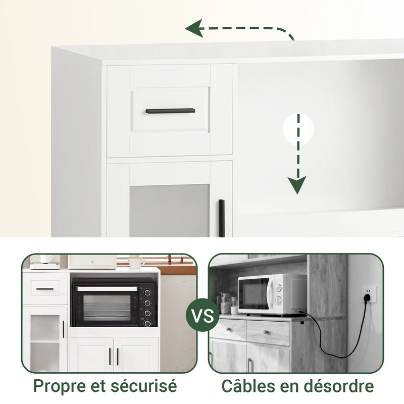SoBuy FSB78-W Desserte de Cuisine à Roulettes – 3 Portes dont 1 en Verre, Tiroir et Gestion des Câbles, Blanc