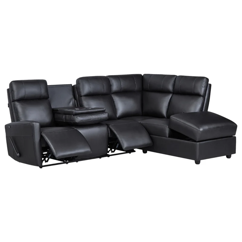 Sectionnel inclinable aspect cuir avec table centrale rabattable & chaise longue - Prague