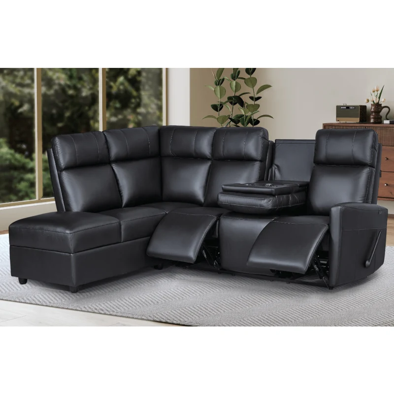 Sectionnel inclinable aspect cuir avec table centrale rabattable & chaise longue - Prague