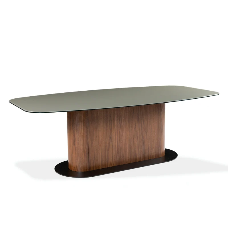 Table de salle à manger rectangulaire avec contour arrondi en verre et en bois - Luciano