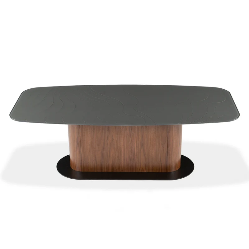 Table de salle à manger rectangulaire avec contour arrondi en verre et en bois - Luciano