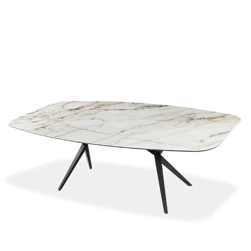 Table de salle à manger rectangulaire avec contour arrondi en céramique et métal - Urby