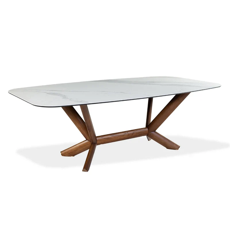 Table de salle à manger rectangulaire avec contour arrondi en céramique et bois noyer - Samuel