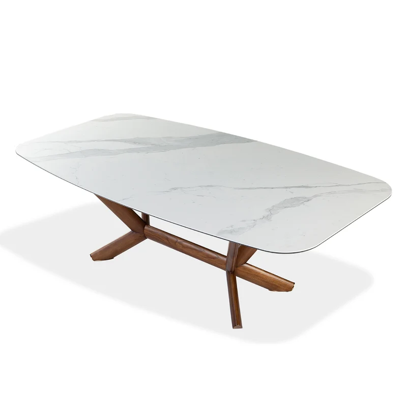 Table de salle à manger rectangulaire avec contour arrondi en céramique et bois noyer - Samuel