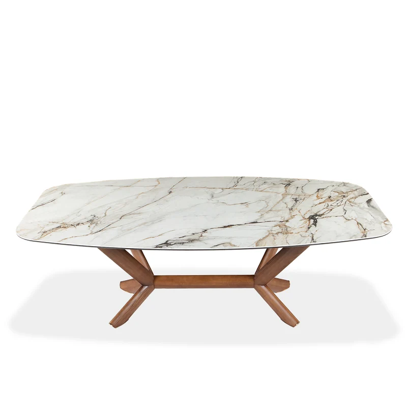 Table de salle à manger rectangulaire avec contour arrondi en céramique et bois noyer - Samuel