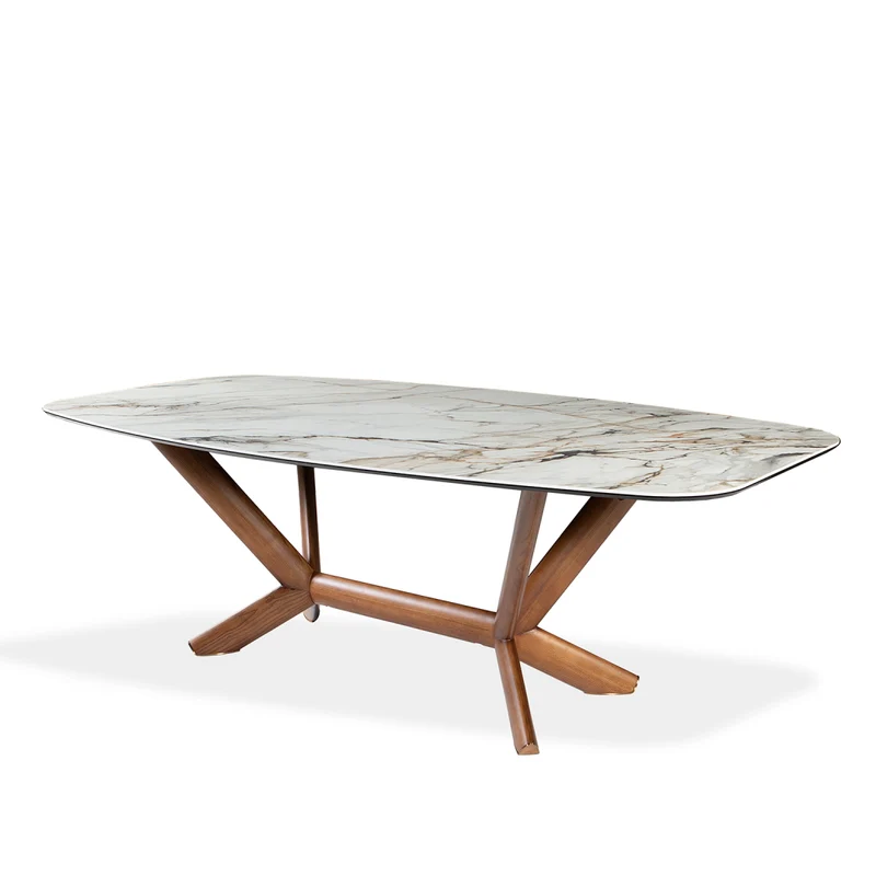 Table de salle à manger rectangulaire avec contour arrondi en céramique et bois noyer - Samuel