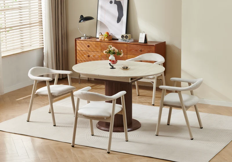 Table à manger extensible ronde travertin noyer - Leon