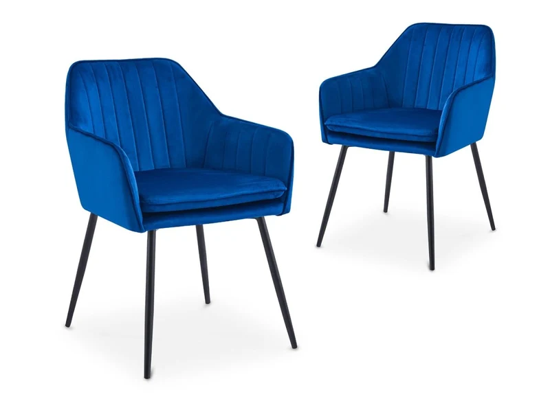 Lot de 2 chaises avec accoudoirs en velours bleu pieds noirs EDWIGE
